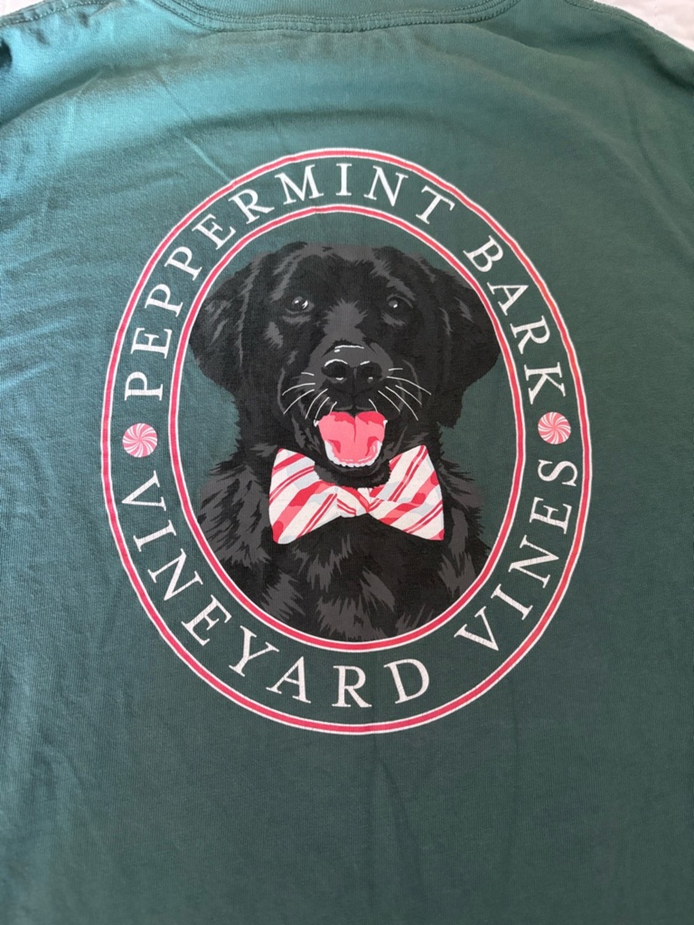 Vineyard Vines Green Peopermint Bark Dog Graphic Tee with Red & White Bow Tie